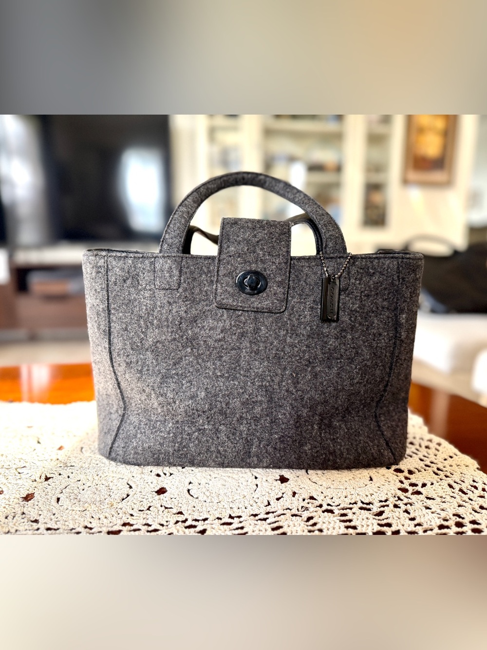 Coach Charcoal Felt Tote with Turn-Lock Tab